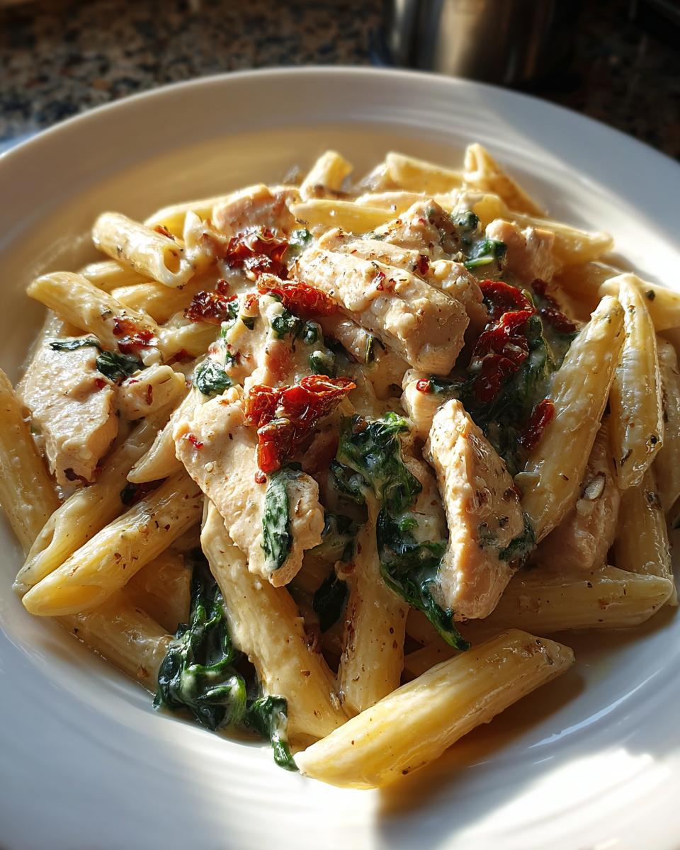 A close-up, brightly lit serving of marry me chicken pasta featuring penne, creamy sauce, chicken pieces, spinach, and sun-dried tomatoes.