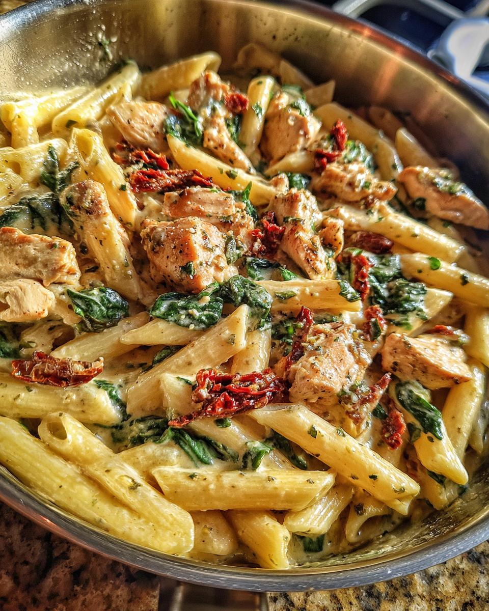 A close-up view of creamy marry me chicken pasta with spinach and sun-dried tomatoes in a stainless steel skillet.