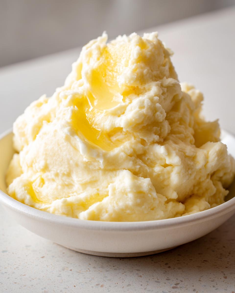 A close-up of a bowl filled with fluffy, creamy mashed potatoes topped with a pool of melted butter.