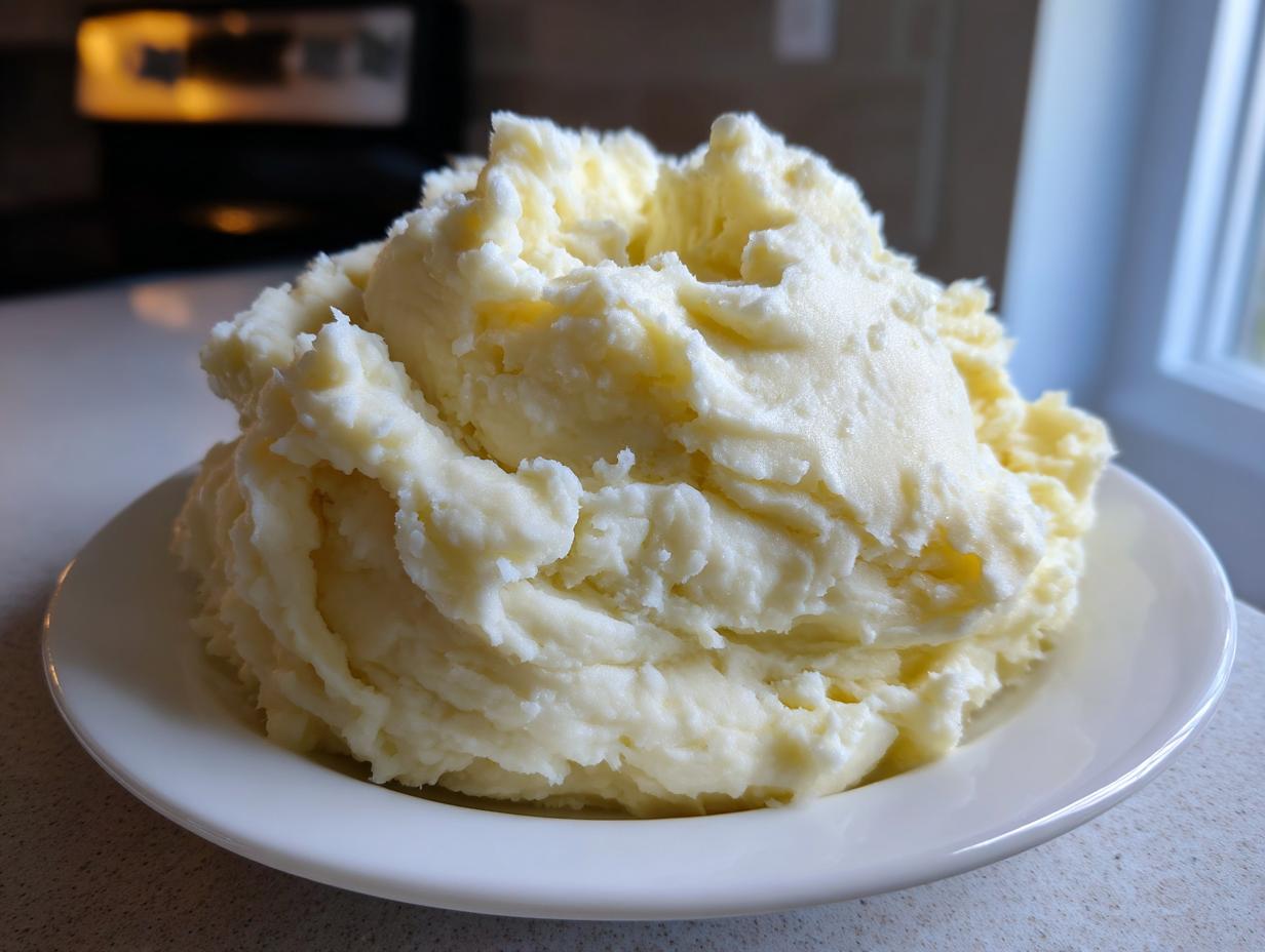 A generous serving of fluffy, creamy mashed potatoes piled high on a white plate.