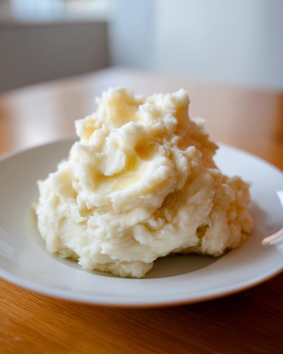 A generous scoop of fluffy, creamy mashed potatoes topped with melting butter on a white plate.