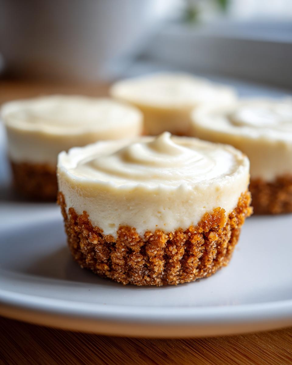 Close-up of a creamy mini cheesecake with a thick graham cracker crust, focusing on the swirl topping.