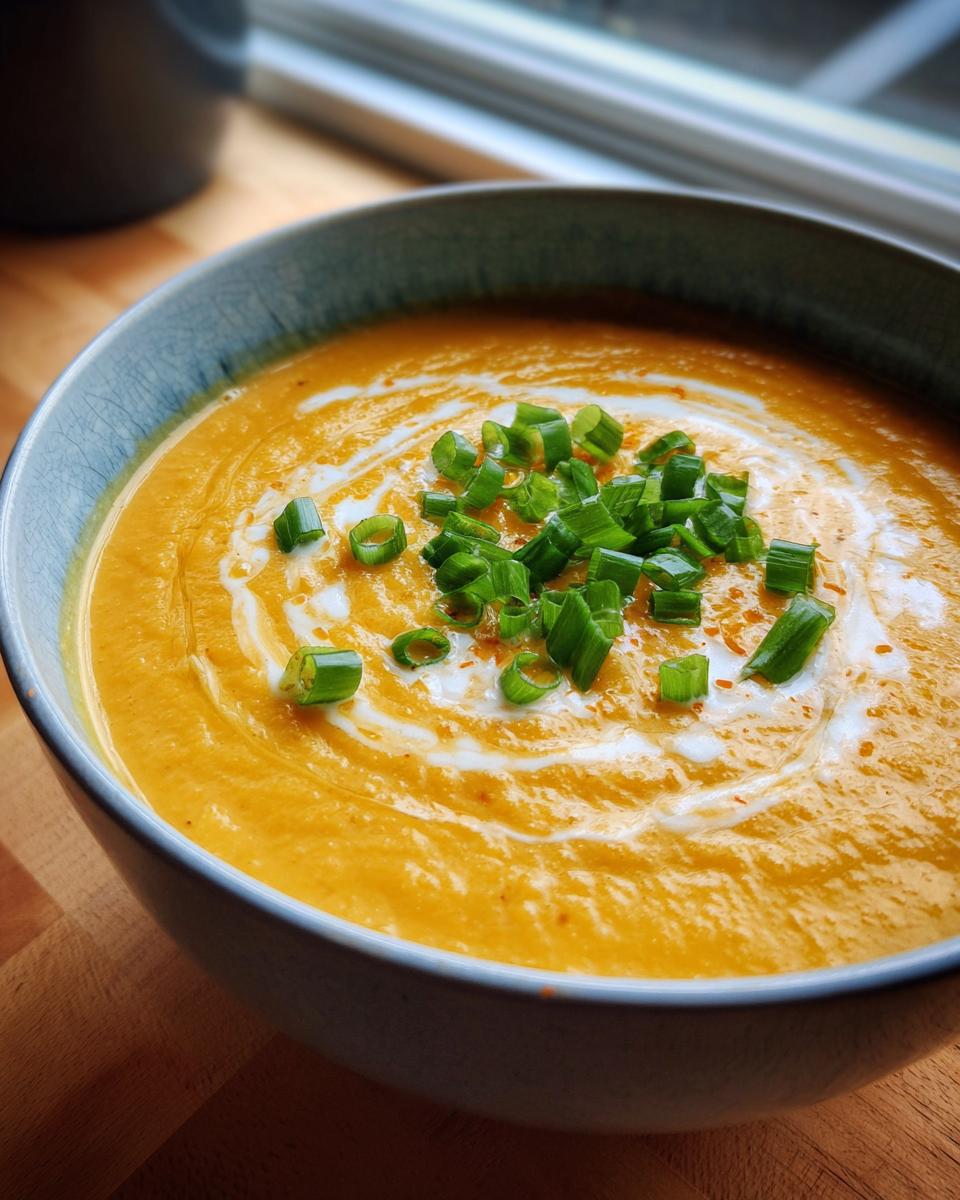 Close-up of a vibrant orange cauliflower soup garnished with a swirl of cream and fresh chopped green onions.
