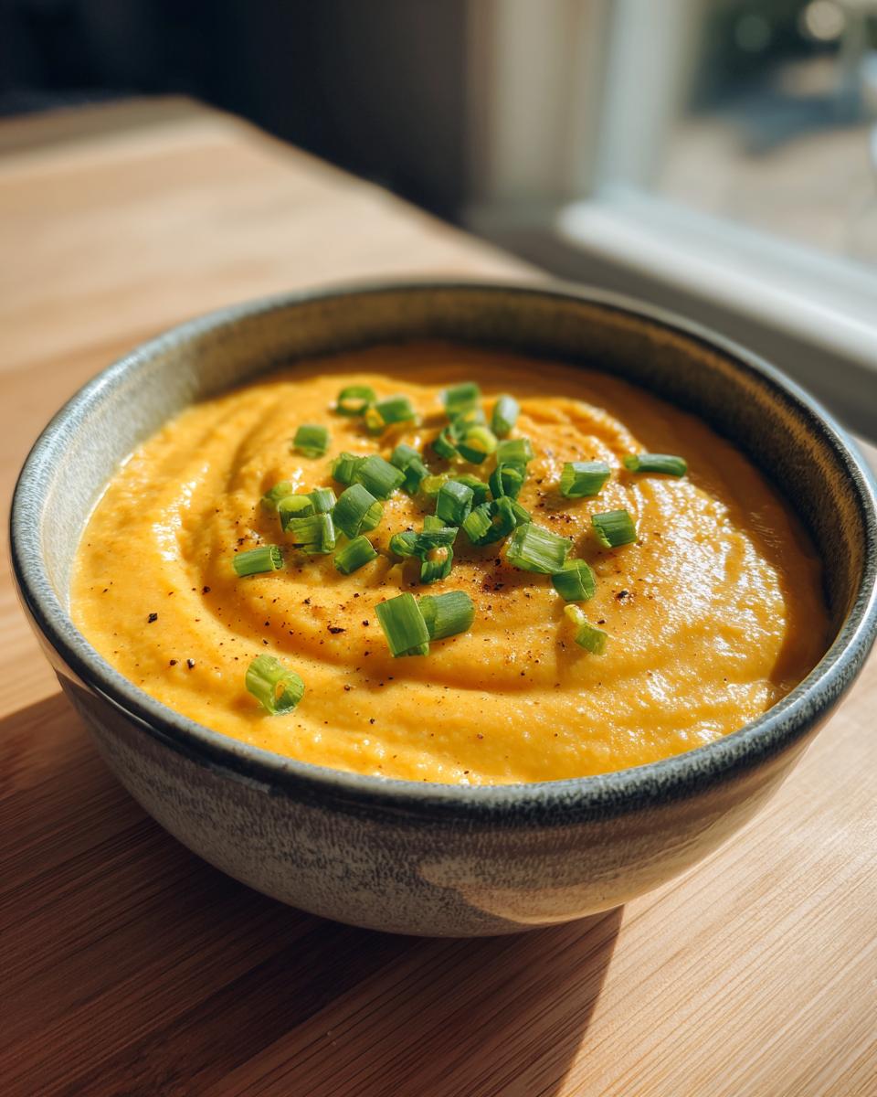A close-up of a bowl of vibrant orange cauliflower soup topped with fresh green chives and black pepper.