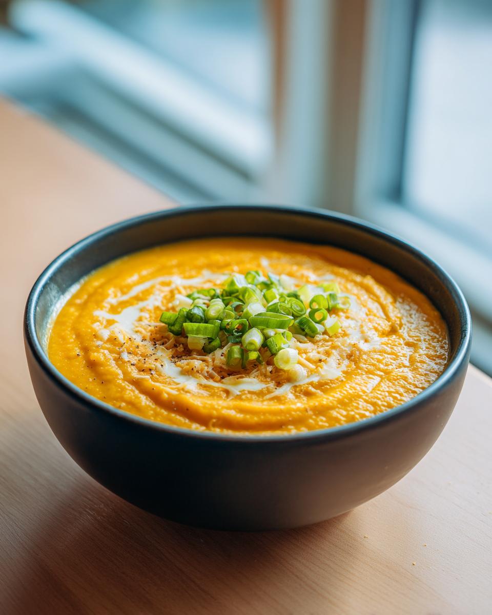 A close-up of vibrant orange cauliflower soup garnished with a swirl of cream and fresh chopped green onions.