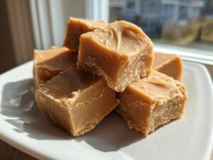 Close-up of several squares of creamy, light brown penuche fudge stacked on a white plate near a window.