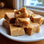 A pile of rich, creamy squares of homemade penuche fudge stacked on a white plate indoors.