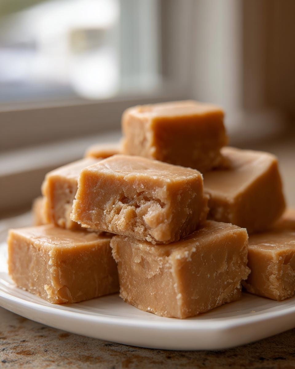 A stack of perfectly cut, creamy squares of homemade penuche fudge resting on a white plate.