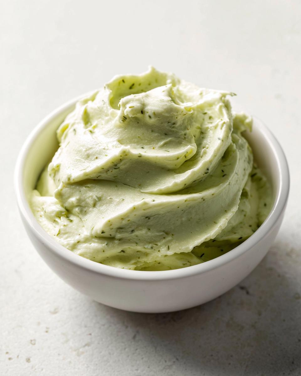 A close-up of thick, pale green, creamy pickle dip swirled high in a small white bowl.