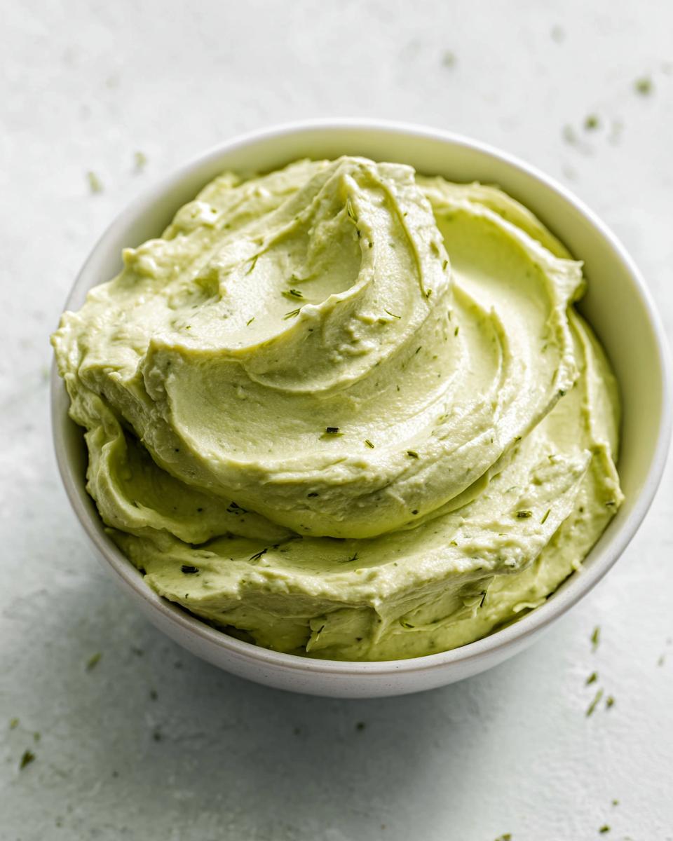 Close-up of a bowl filled with smooth, light green, creamy pickle dip, garnished with herbs.