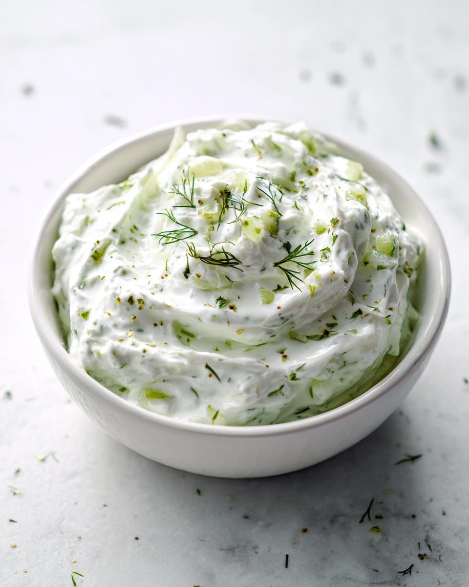 Close-up of creamy white pickle dip mixed with green relish and topped with fresh dill in a small white bowl.