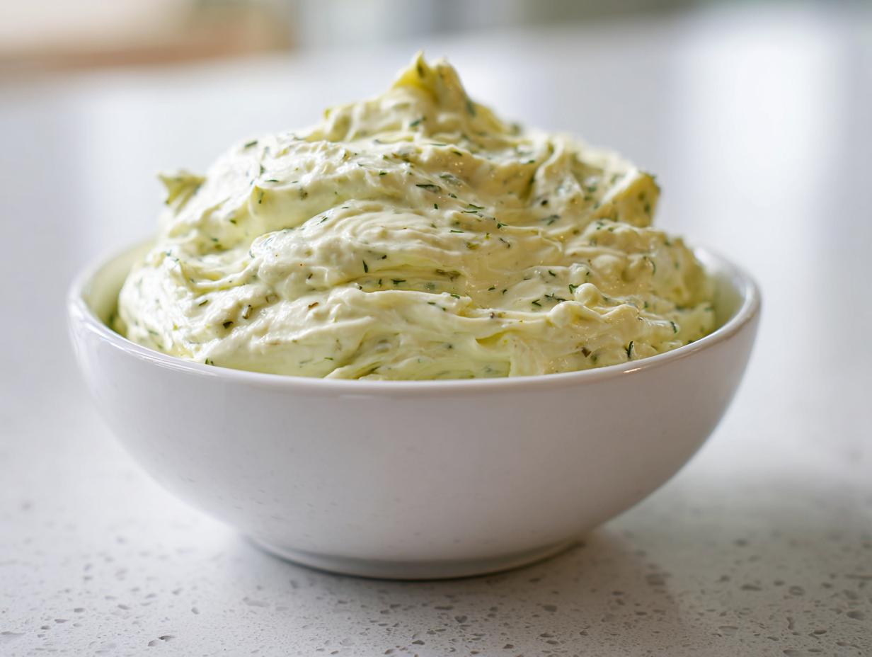 Close-up of a white bowl filled with thick, creamy pickle dip mixed with visible green herbs.