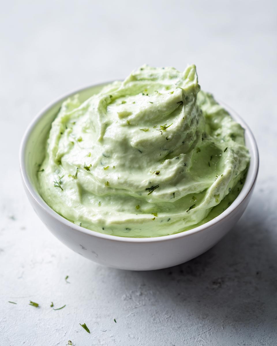 A close-up of creamy, light green pickle dip swirled high in a white bowl, garnished with dill.