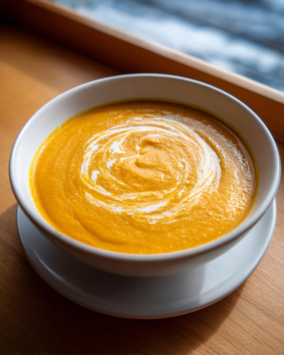 A close-up of bright orange creamy pumpkin soup topped with a swirl of white cream.