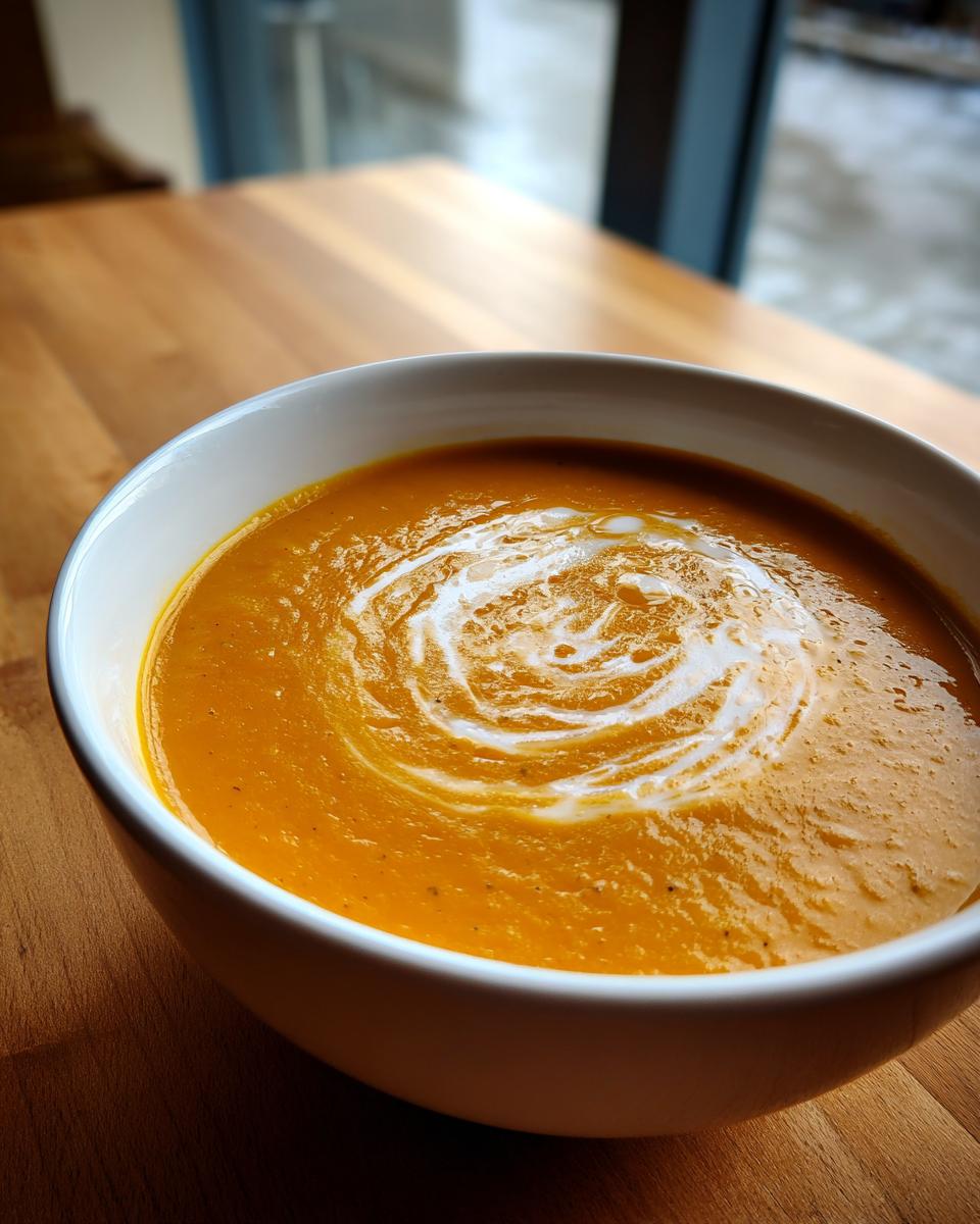 Close-up of a bowl of creamy orange pumpkin soup with a white cream swirl garnish.