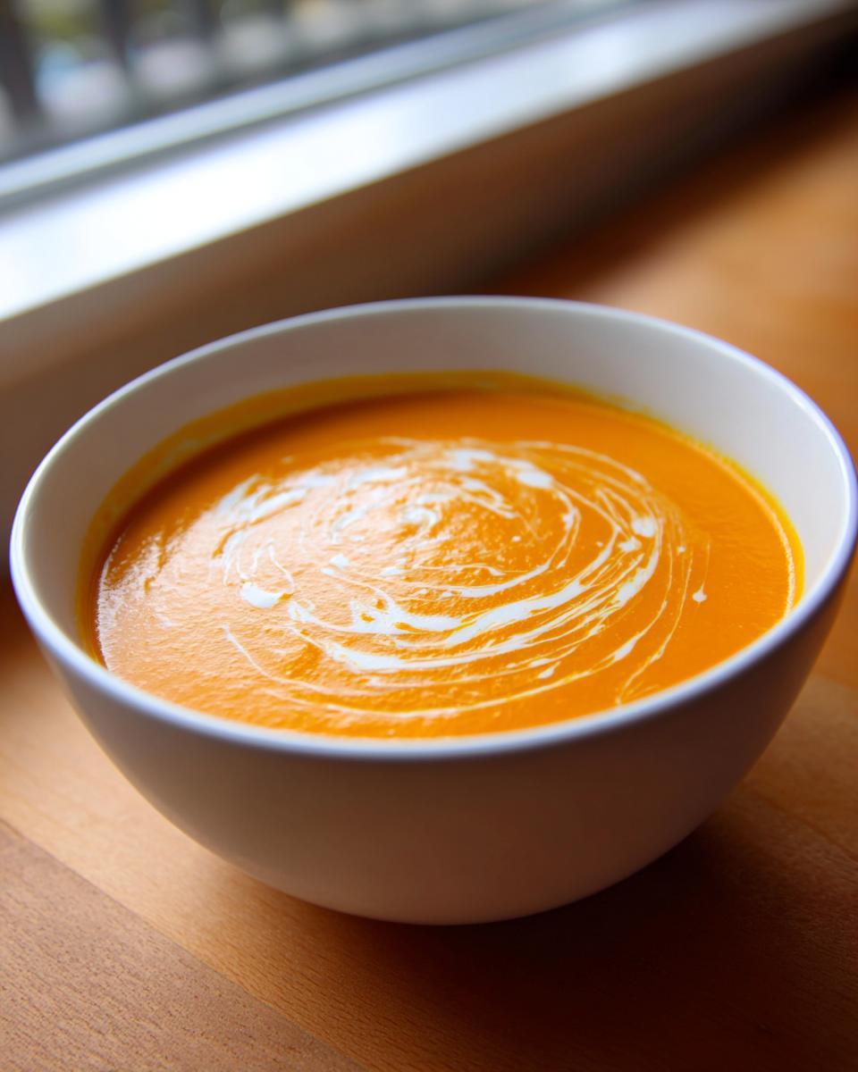 A close-up of vibrant orange pumpkin soup topped with a swirl of cream.