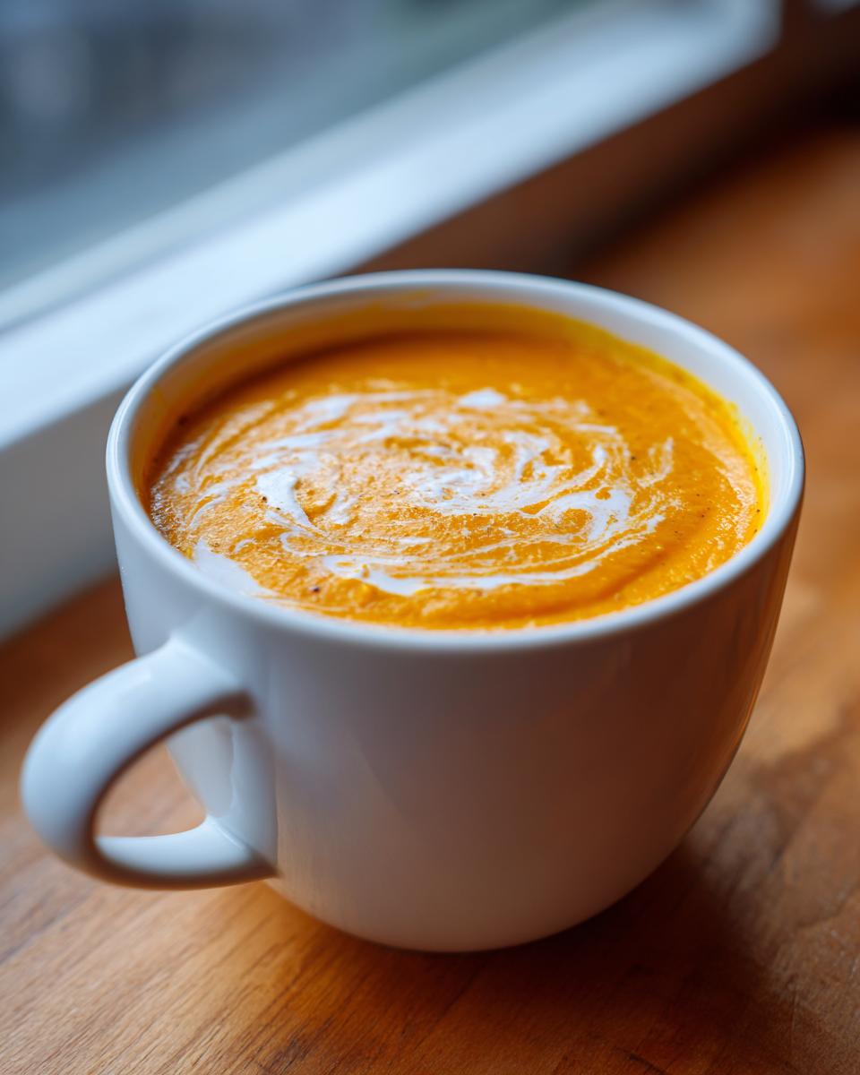 Close-up of creamy orange pumpkin soup topped with a swirl of white cream in a white mug.