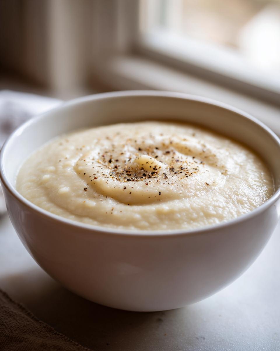 A close-up of creamy roasted cauliflower soup in a white bowl, garnished with freshly cracked black pepper.