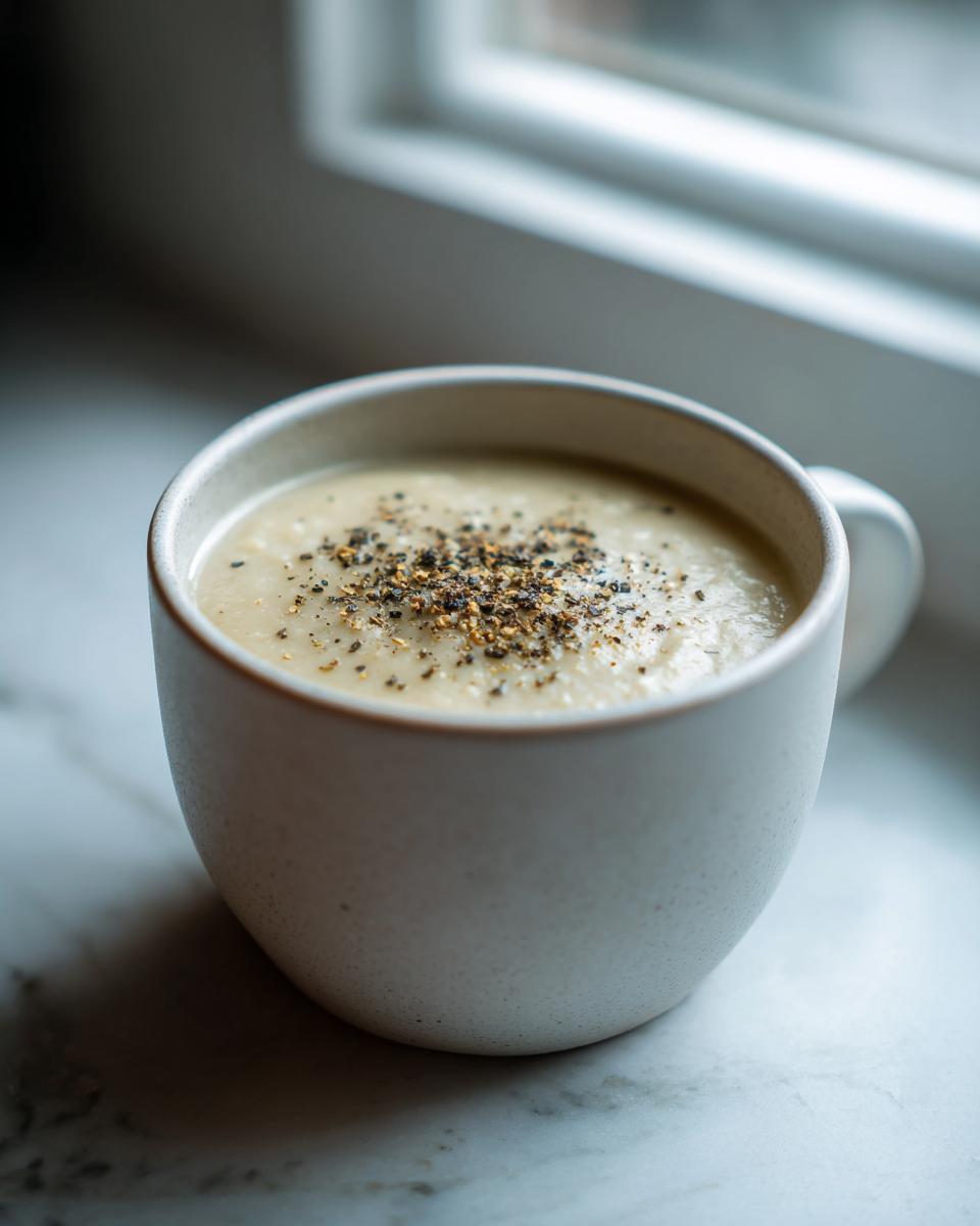 A creamy bowl of roasted cauliflower soup topped generously with cracked black pepper.