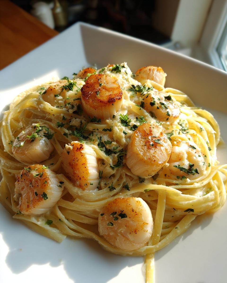 Close-up of creamy fettuccine seafood pasta topped with perfectly seared scallops and fresh parsley.