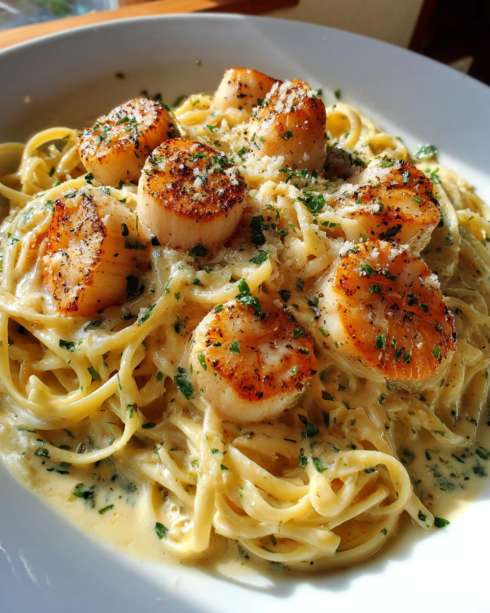 A close-up of creamy seafood pasta topped with perfectly seared scallops, cheese, and parsley.