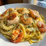 Close-up of creamy seafood pasta featuring linguine, seared scallops, and shrimp, garnished with parsley.