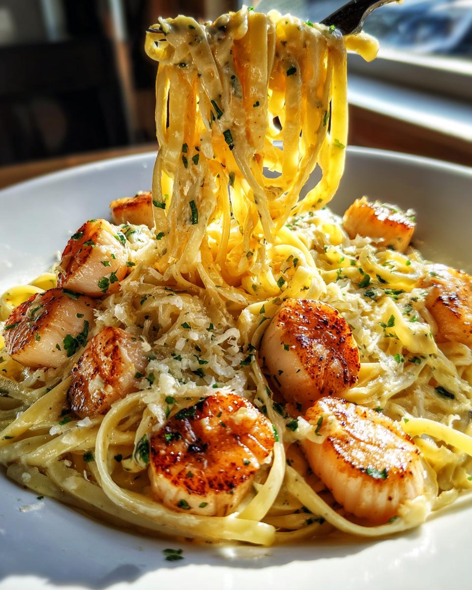 A fork lifts fettuccine noodles coated in creamy sauce from a bowl of seafood pasta topped with perfectly seared scallops.