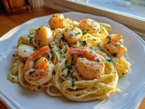 Close-up of creamy seafood pasta featuring seared shrimp and scallops garnished with fresh parsley.