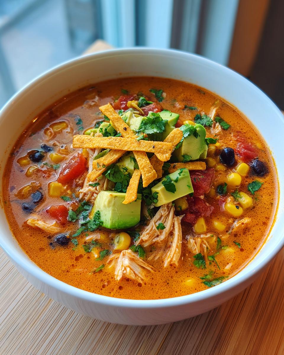 Close-up of a bowl of creamy tortilla soup filled with chicken, corn, black beans, and topped with avocado chunks.