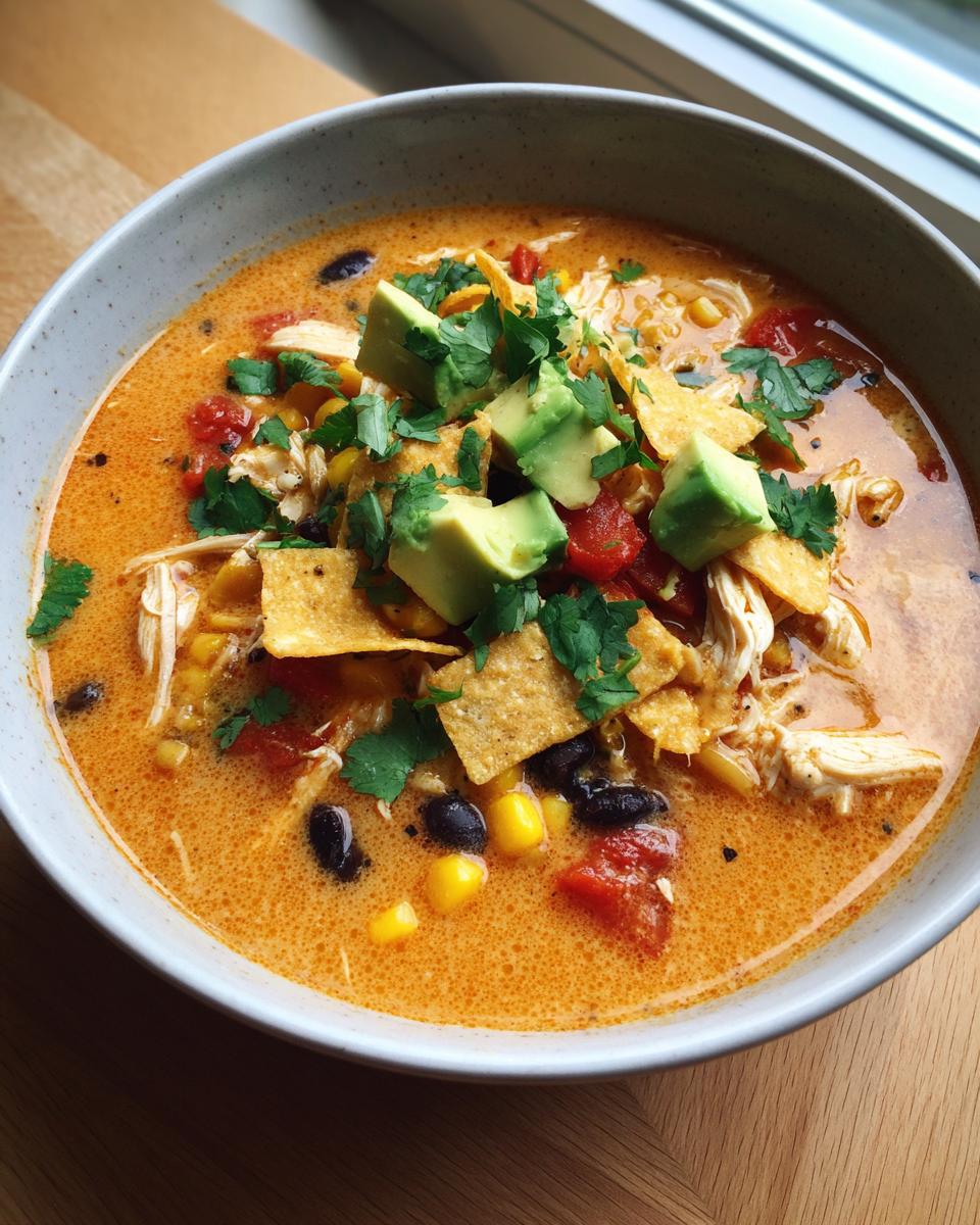 Close-up of a bowl of creamy tortilla soup topped with avocado, tortilla chips, and fresh cilantro.