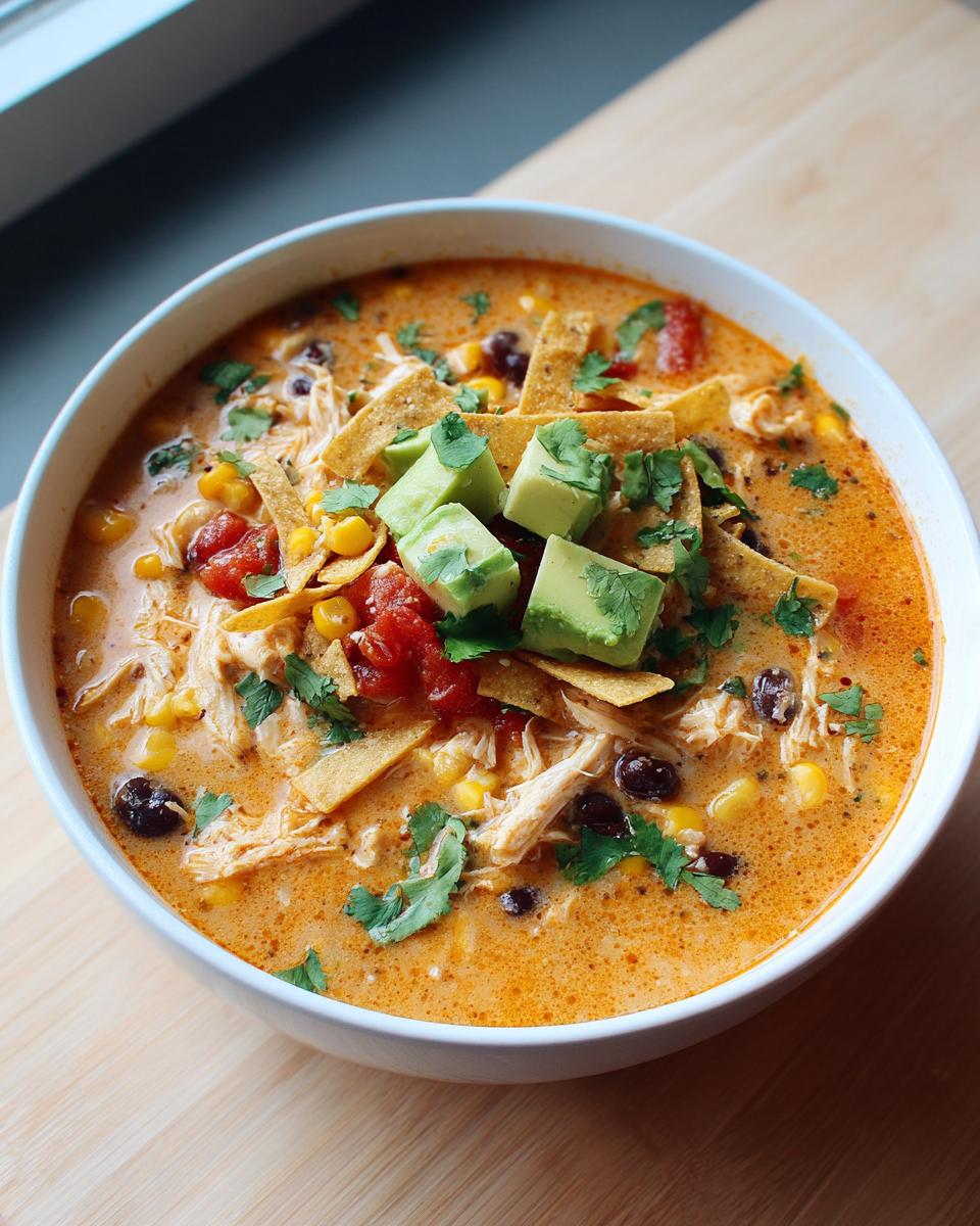 A close-up of a creamy, orange-hued tortilla soup filled with shredded chicken, corn, and black beans, topped with avocado cubes.