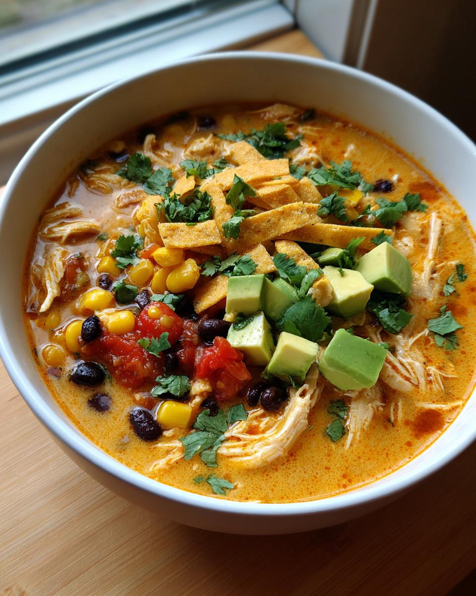 A close-up of a bowl of creamy tortilla soup loaded with chicken, corn, black beans, and topped with avocado cubes.