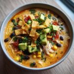 A close-up of a bowl of creamy tortilla soup topped with shredded chicken, avocado cubes, black beans, and crispy tortilla strips.