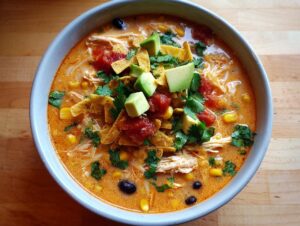 A close-up overhead shot of creamy tortilla soup loaded with chicken, corn, black beans, and topped with avocado, salsa, and chips.