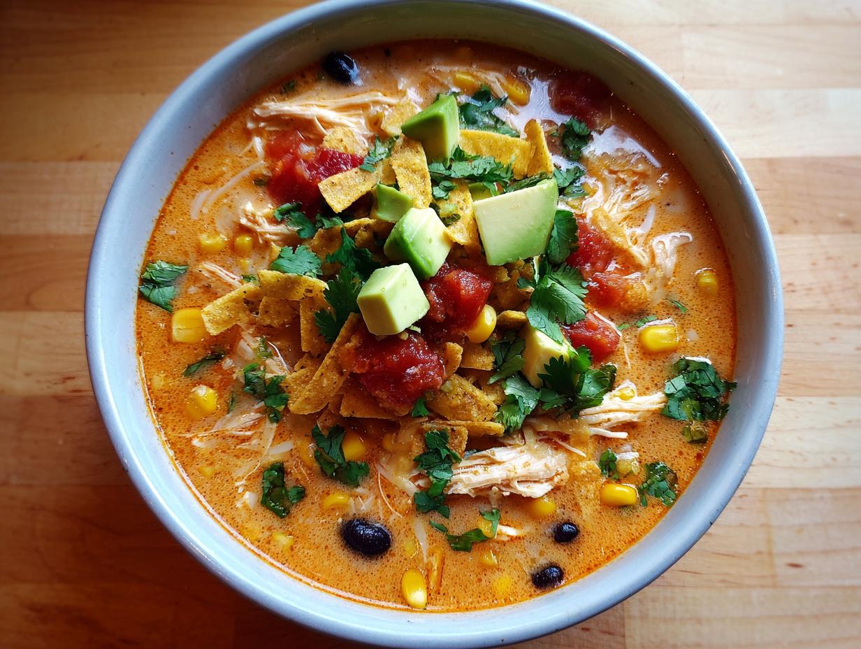 A close-up overhead shot of creamy tortilla soup loaded with chicken, corn, black beans, and topped with avocado, salsa, and chips.
