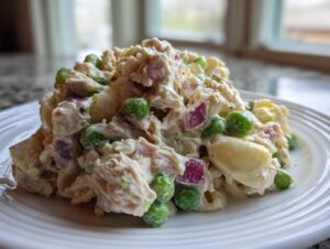 A mound of creamy tuna pasta salad featuring elbow macaroni, bright green peas, and diced red onion served on a white plate.