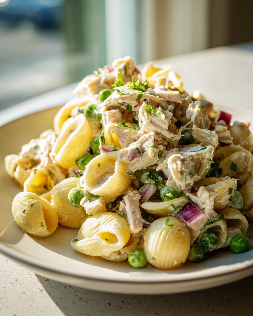 Close-up of a creamy Tuna Pasta Salad featuring shell pasta, flaked tuna, green peas, and red onion.