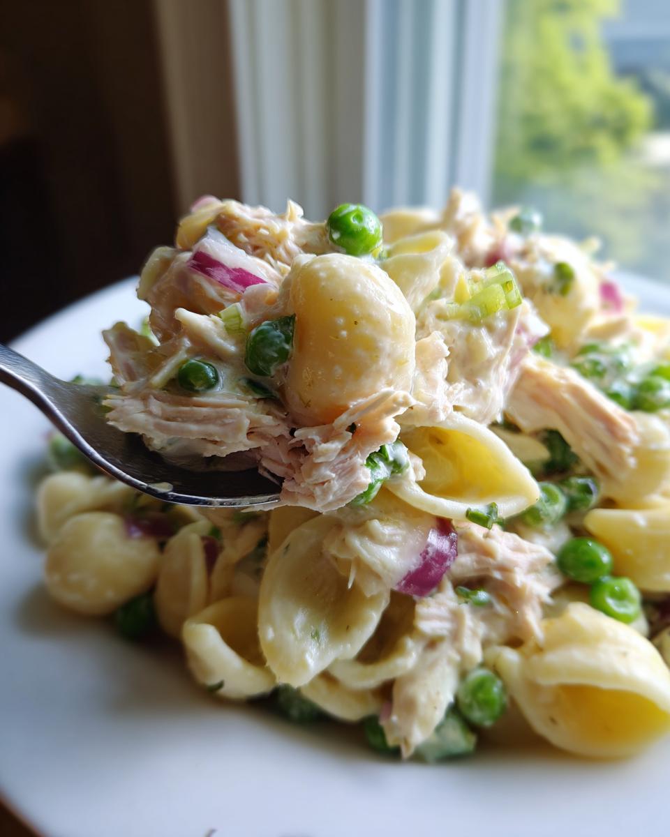 A spoonful of creamy tuna pasta salad featuring shell pasta, shredded tuna, green peas, and red onion, ready to eat.
