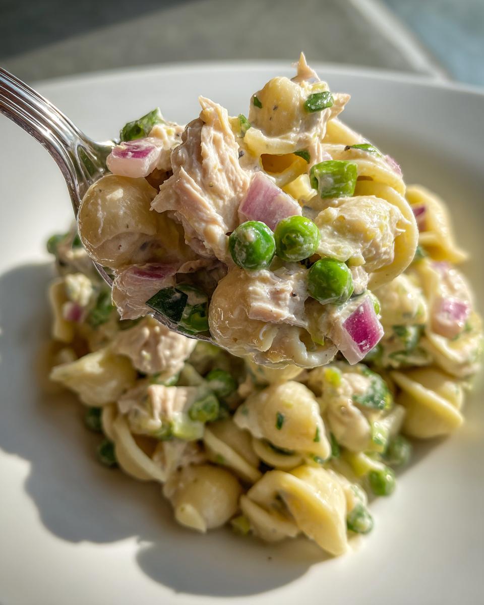 A spoonful of creamy Tuna Pasta Salad featuring shell pasta, flaked tuna, green peas, and red onion.