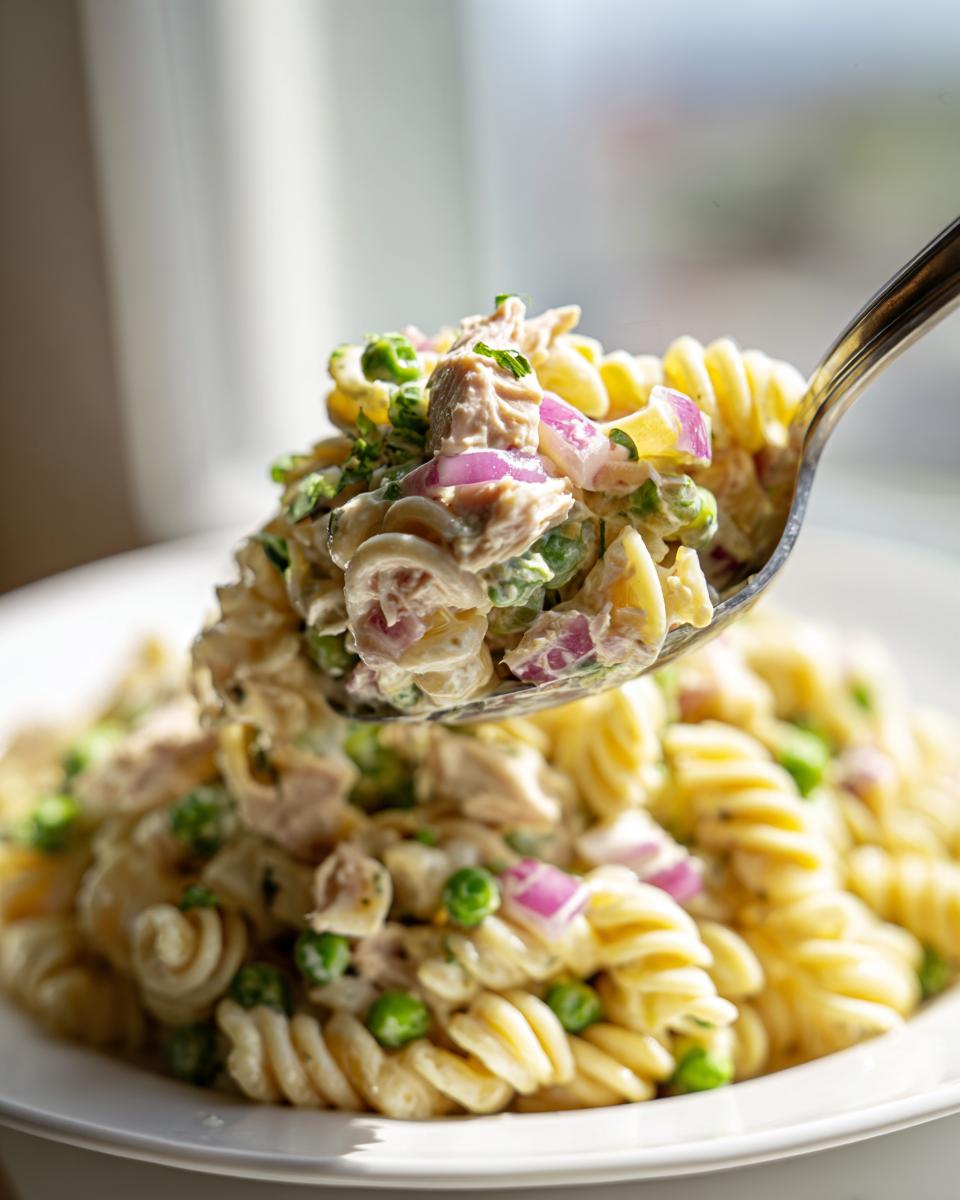A spoonful of creamy Tuna pasta salad featuring fusilli pasta, tuna chunks, green peas, and red onion being lifted from a white bowl.