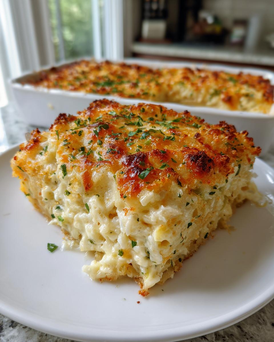 A thick slice of creamy vegetable casserole with a golden, cheesy, baked topping sprinkled with parsley.