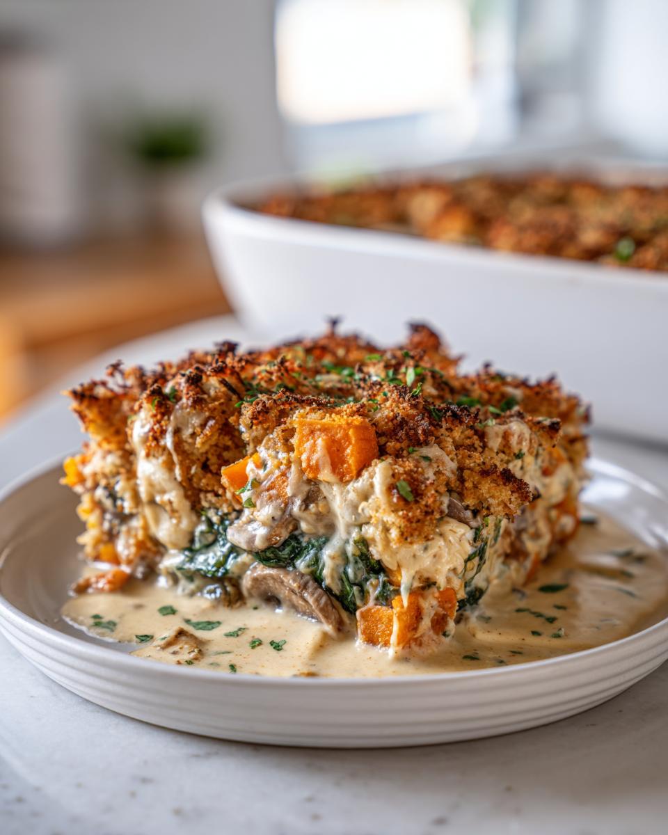 A close-up serving of creamy vegetable casserole featuring sweet potatoes, spinach, and mushrooms, with a crispy topping.