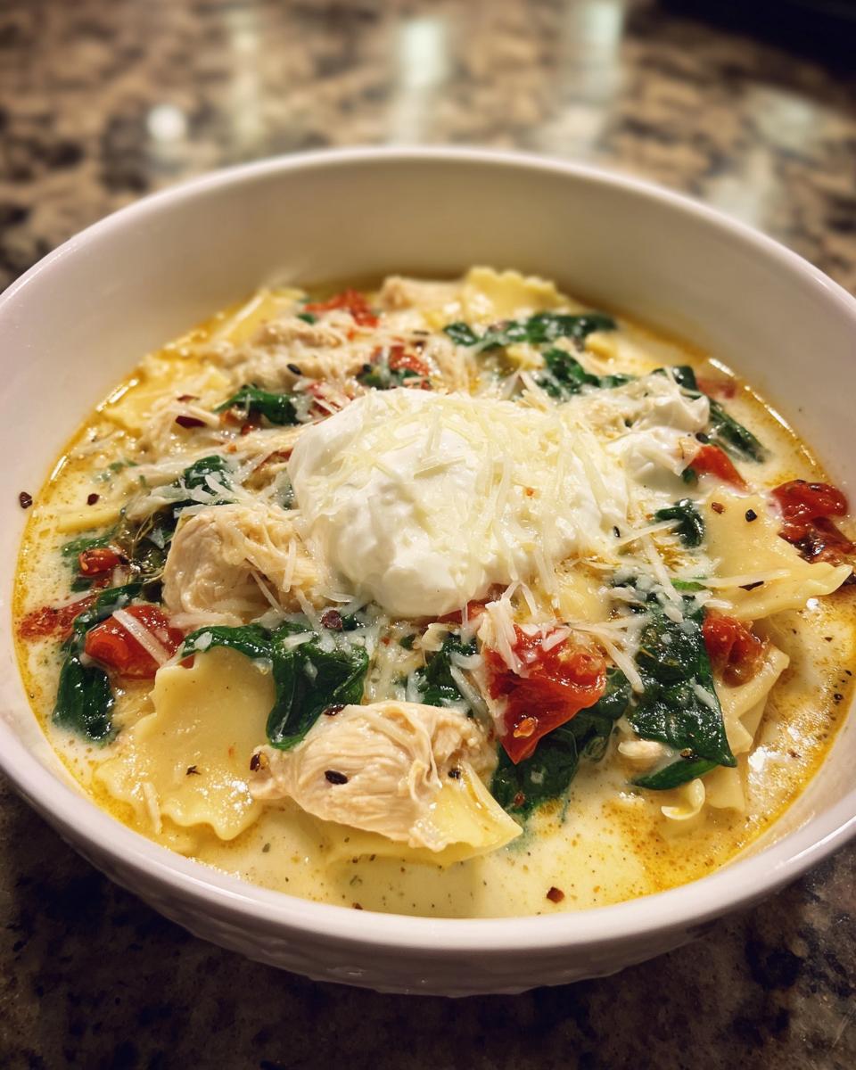 A close-up of creamy white chicken lasagna soup topped with ricotta, Parmesan, and spinach.