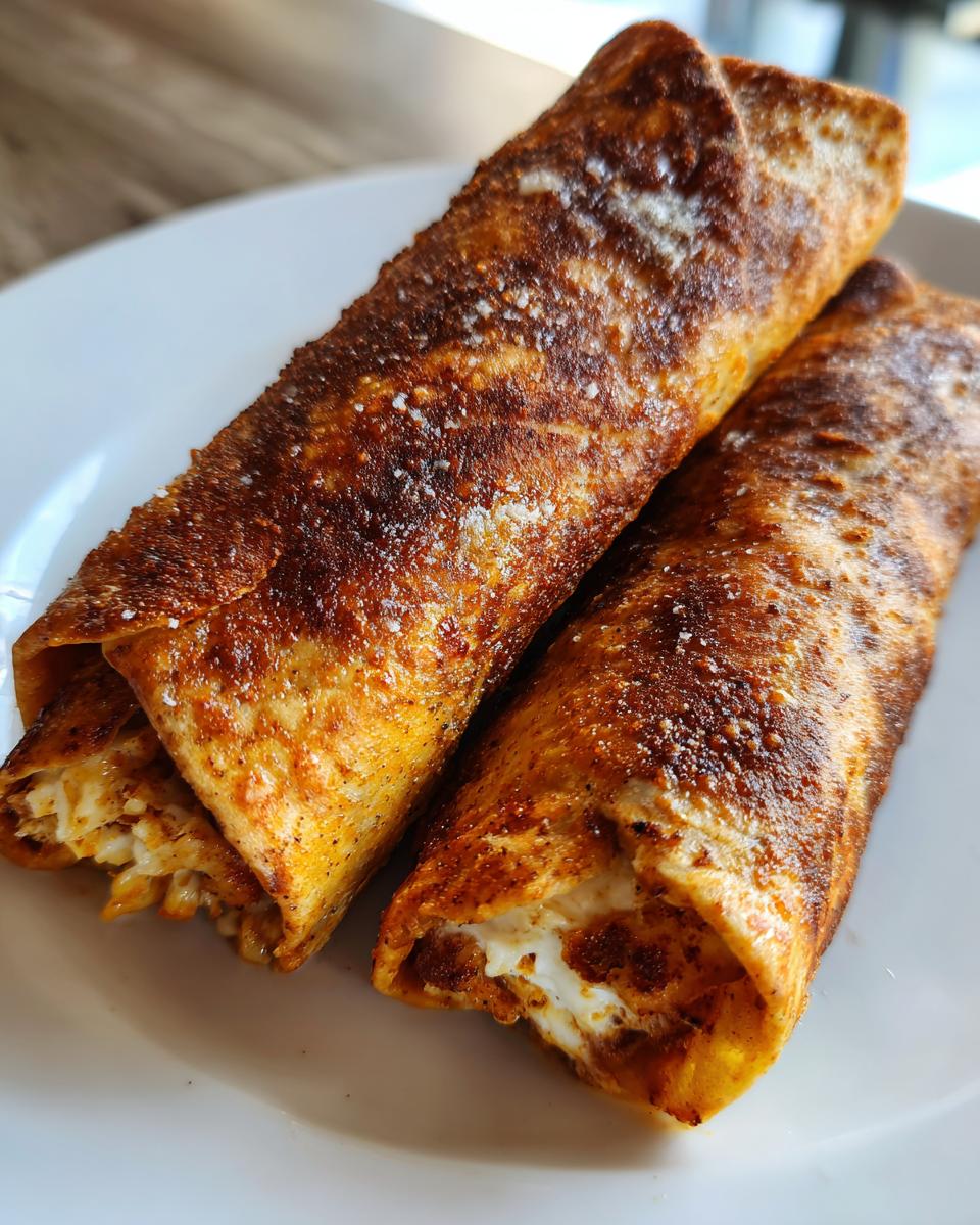 Two golden-brown, crispy Baked Chicken Chimichangas resting on a white plate, showing the creamy filling.