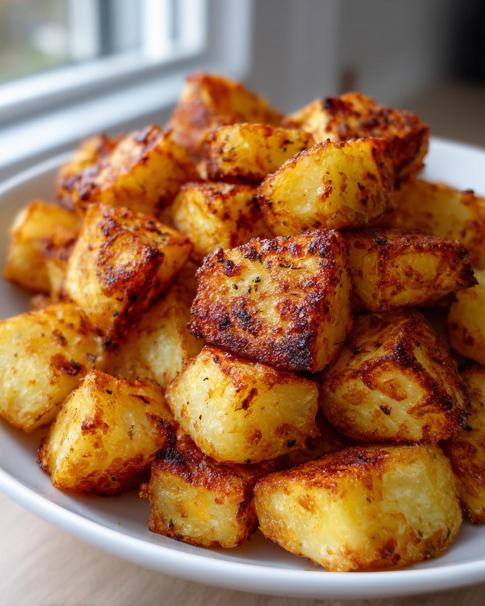 Close-up of golden brown, crispy breakfast potatoes piled high in a white bowl.