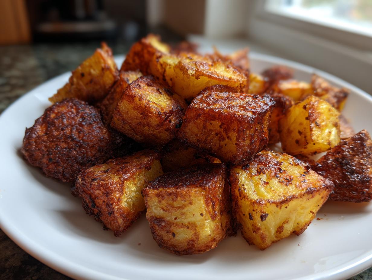 Close-up of golden brown, crispy breakfast potatoes piled high on a white plate.