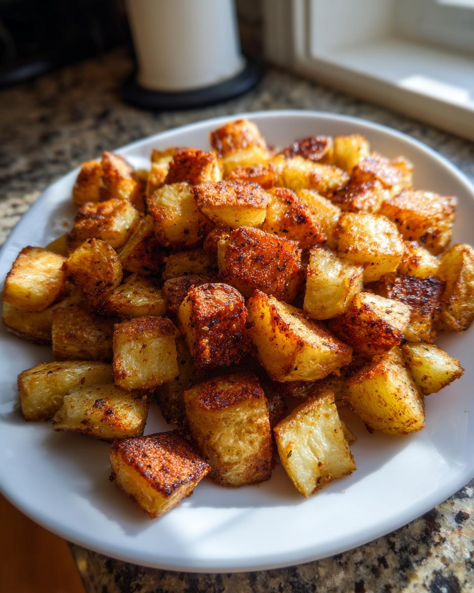 A pile of golden brown, crispy seasoned breakfast potatoes served on a white plate.