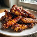 A close-up of a pile of crispy, sticky, glazed chicken wing pieces on a white plate.