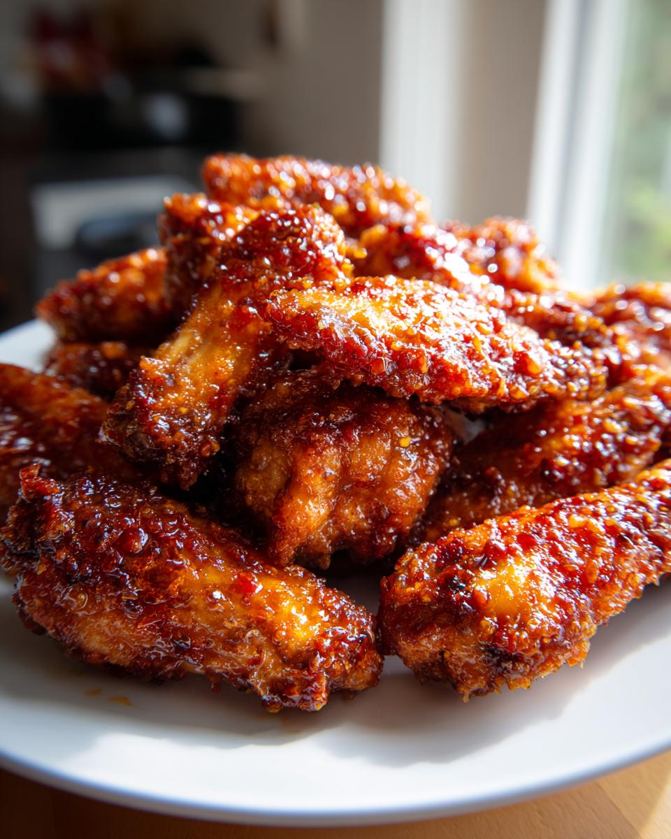 A close-up of a pile of perfectly crisp, glazed chicken wing pieces coated in a shiny, reddish-brown sauce.