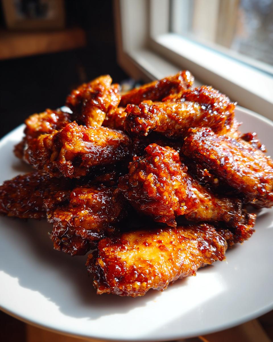 A pile of crispy, glazed chicken wing pieces coated in a dark, shiny sauce, highlighted by sunlight.